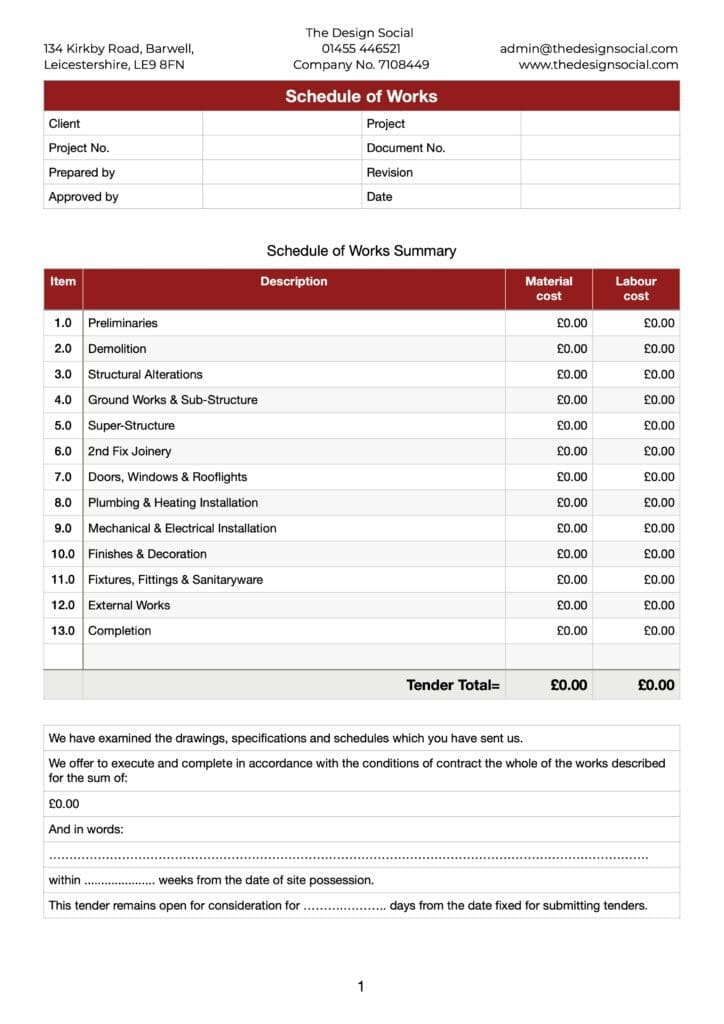 Sample schedule of works – page 1