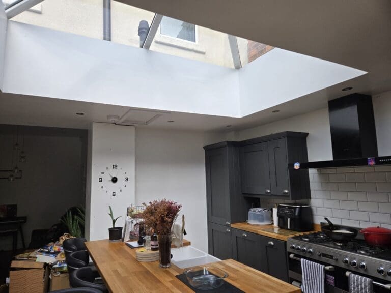 Completed open-plan kitchen with roof lantern in a rear extension in Birmingham