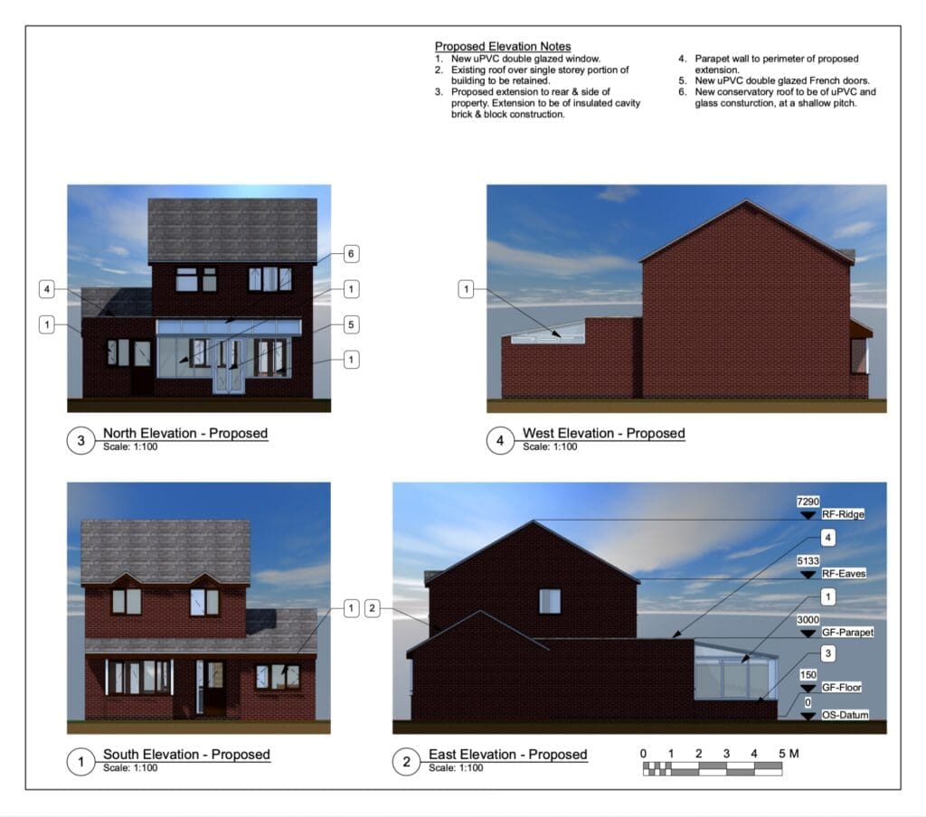 Proposed elevation drawings for a wraparound extension in Atherstone, Warwickshire