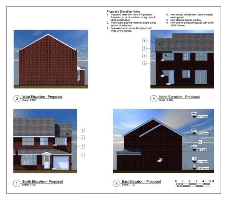 Proposed elevation drawings for a two-storey side extension in Binley, Coventry